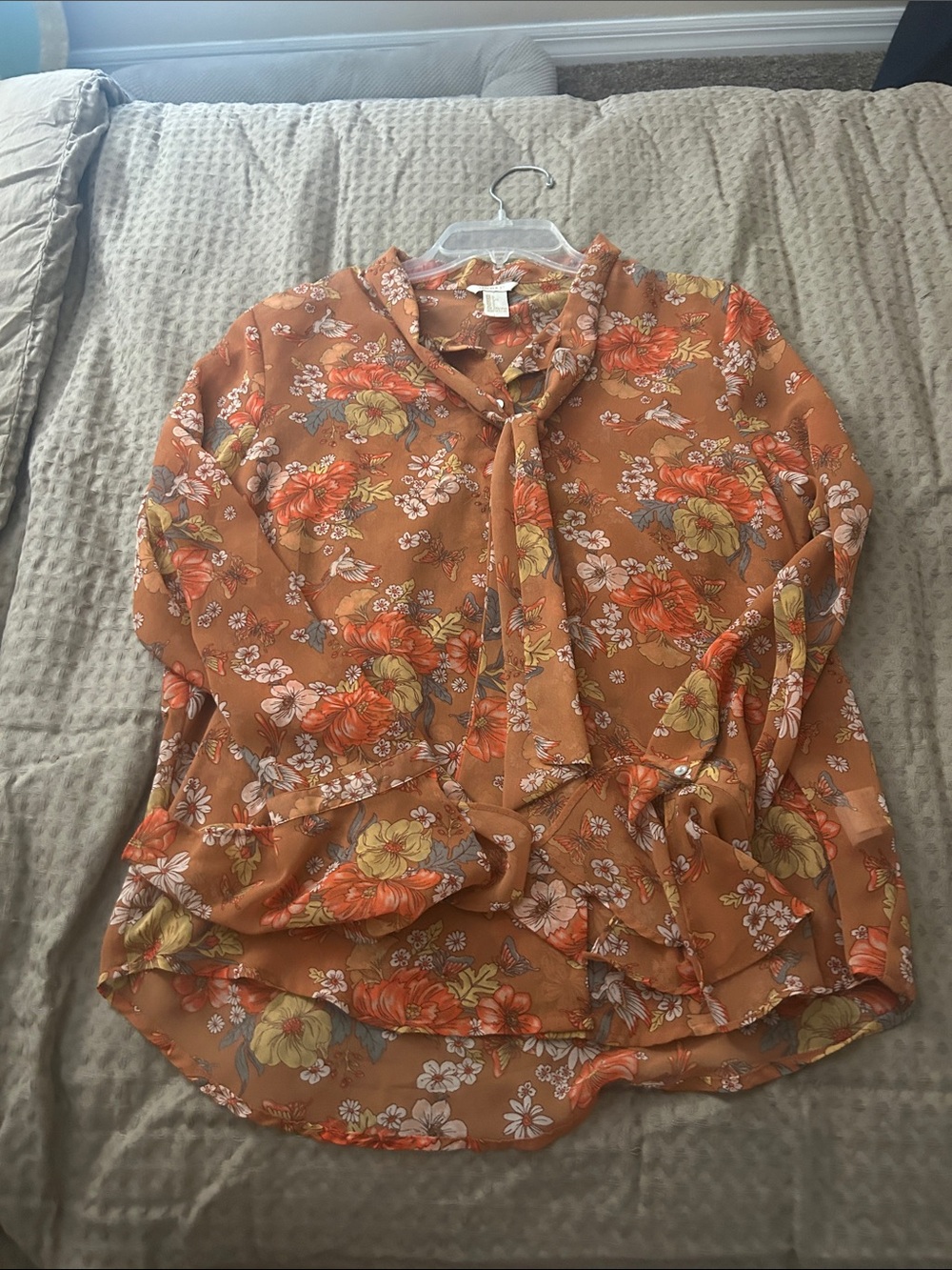 Forever 21 Rust Floral Tie-Neck Blouse with Yellow Accents